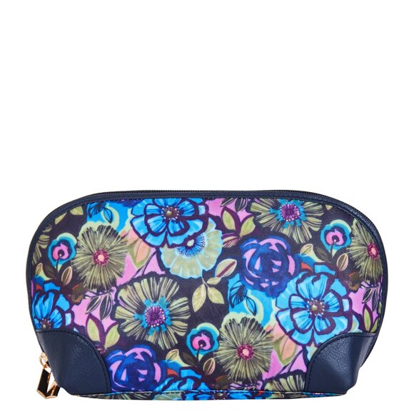 Printed Blue Fabric Cosmetic Pouch Bag for Women, Travel Case with Leather trim - Picture 8 of 8